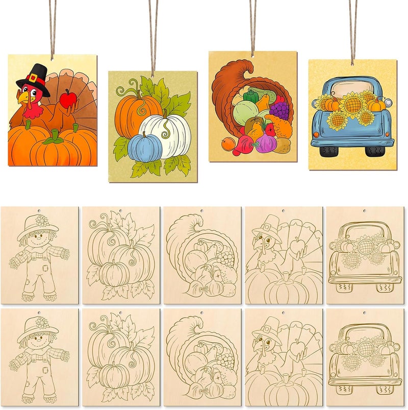COCHIE 10PCS Large Thanksgiving Unfinished Wood Crafts to Paint for Adults, Bulk Predrilled Wooden Ornaments for Painting, Pumpkin Scarecrow Paintable Wood Slices Craft Supplies with Ropes - Image 1